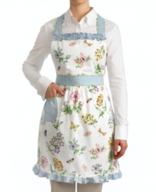 Home chefs stay fresh in the kitchen with the Butterfly Meadow apron by Lenox. Sweet blooms and butterflies, ruffled blue accents and leafy green trim evoke the cheery essence of spring in pure cotton. Home chefs stay fresh in the kitchen with the Butterfly Meadow apron by Lenox. Sweet blooms and butterflies, ruffled blue accents and leafy green trim evoke the cheery essence of spring in pure cotton.