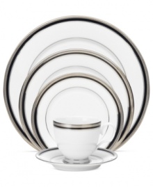 An instant classic, the Austin Platinum place setting from Noritake layers ribbons of black with patterned platinum bands and shimmering dots. White porcelain grounds the timeless dinnerware, a flawless choice for fine occasions. An instant classic, the Austin Platinum place setting from Noritake layers ribbons of black with patterned platinum bands and shimmering dots. White porcelain grounds the timeless dinnerware, a flawless choice for fine occasions.