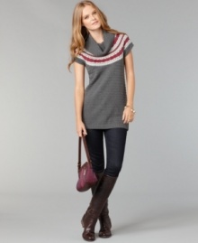 For a smart look on crisp days, check out this tunic sweater from Tommy Hilfiger. The Fair Isle knit pattern and slouchy cowl neckline are on-trend details that make it a cozy match with jeans or leggings!