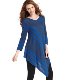 NY Collection's striped sweater makes an impact with a long asymmetrical hem and bold hue.