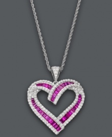 Sometimes it's best to follow your heart. This stunning pendant is adorned with baguette-cut rubies (1-3/4 ct. t.w.) and round-cut diamonds (5/8 ct. t.w.) for an overall exquisite look. Setting and chain crafted in sterling silver. Approximate length: 18 inches. Approximate drop: 3/4 inch. Sometimes it's best to follow your heart. This stunning pendant is adorned with baguette-cut rubies (1-3/4 ct. t.w.) and round-cut diamonds (5/8 ct. t.w.) for an overall exquisite look. Setting and chain crafted in sterling silver. Approximate length: 18 inches. Approximate drop: 3/4 inch.