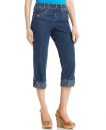 Cool button tabs add a new look to Style&co.'s tummy control denim capris. The cuffed hem gives them an edgy touch, too! Cool button tabs add a new look to Style&co.'s tummy control denim capris. The cuffed hem gives them an edgy touch, too!