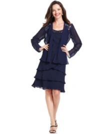 SL Fashions' petite evening ensemble features a chic cutout design at the neckline of the jacket and dress, as well as a generous dose of shimmering sequins. SL Fashions' petite evening ensemble features a chic cutout design at the neckline of the jacket and dress, as well as a generous dose of shimmering sequins.