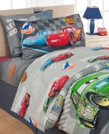 Rev up your room! Bold racing graphics and starring characters of the hit Disney Cars movie zoom across this playful sheeting in a soft, 200 thread count. Pillowcases feature an image of the character Lighting McQueen with the dynamic phrase the challenge is on. Rev up your room! Bold racing graphics and starring characters of the hit Disney Cars movie zoom across this playful sheeting in a soft, 200 thread count. Pillowcases feature an image of the character Lighting McQueen with the dynamic phrase the challenge is on.