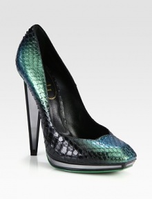 An iridescent watersnake pump with a mirrored platform and heel for modern appeal. Mirrored heel, 5¼ (130mm)Mirrored platform, ¾ (20mm)Compares to a 4½ heel (115mm)Watersnake upperSquare toeLeather lining and solePadded insoleMade in Italy