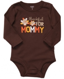 Display their appreciation in this adorable Thankful for Mommy Thanksgiving bodysuit from Carter's. Display their appreciation in this adorable Thankful for Mommy Thanksgiving bodysuit from Carter's.