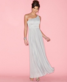 Speechless perfects elegant style with a sparkling gown that boasts gorgeous details, from the pleated, floor-length skirt to the grecian, one-shoulder silhouette! Speechless perfects elegant style with a sparkling gown that boasts gorgeous details, from the pleated, floor-length skirt to the grecian, one-shoulder silhouette!