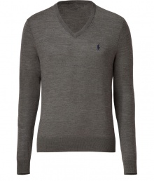 Elegant in grey heather merino wool, Ralph Laurens V-neck pullover is a great basic for this season and next - Embroidered logo, V-neckline, long sleeves, fine ribbed trim - Contemporary slim fit - Wear over shirts or tees with jeans, cords or chinos Elegant in grey heather merino wool, Ralph Laurens V-neck pullover is a great basic for this season and next - Embroidered logo, V-neckline, long sleeves, fine ribbed trim - Contemporary slim fit - Wear over shirts or tees with jeans, cords or chinos
