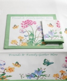 With a fresh spring feel and sunny outlook, the Butterfly Meadow Sentiments tablecloth from Lenox features blooms, butterflies and a heartfelt reminder – Friends & Family Gather Here – in crisp white cotton. (Clearance) With a fresh spring feel and sunny outlook, the Butterfly Meadow Sentiments tablecloth from Lenox features blooms, butterflies and a heartfelt reminder – Friends & Family Gather Here – in crisp white cotton. (Clearance)