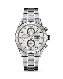 TAG Heuer's Carrera series has epitomized racing chronographs since its introduction nearly 50 years ago. This model features a white dial featuring three subdials and a day-date window on a steel bracelet with a double safety clasp. The 43mm case features anti-reflective saphire crystal as well as a sapphire crystal display caseback. TAG Heuer's Carrera series has epitomized racing chronographs since its introduction nearly 50 years ago. This model features a white dial featuring three subdials and a day-date window on a steel bracelet with a double safety clasp. The 43mm case features anti-reflective saphire crystal as well as a sapphire crystal display caseback.