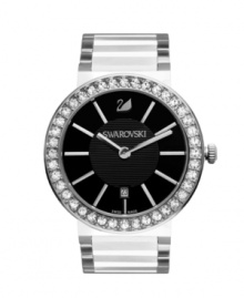 Polish off your look with this regally refined Citra watch by Swarovski. Stainless steel bracelet and round case. Bezel crystallized with Swarovski elements. Black dial with textured inner dial features applied silver tone stick indices, date window at six o'clock, logo at twelve o'clock and two hands. Swiss quartz movement. Water resistant to 30 meters. Two-year limited warranty.