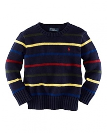 A multi-striped crewneck sweater is perfectly preppy for any season in a flat-knit blend of cotton and wool. A multi-striped crewneck sweater is perfectly preppy for any season in a flat-knit blend of cotton and wool.