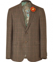 The classic check print blazer gets a modern redux with this dandyish version from Etro - Notched lapels with floral pin, two-button closure, flap pockets, back double-vent, all-over check print - Style with a classic button down, slim trousers, and brogues