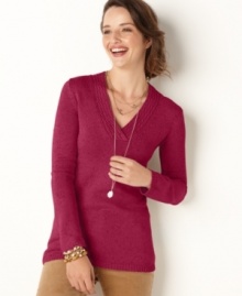 Classic and cozy, this Charter Club sweater works with anything from khakis to jeans! Cable-knit trim and tweed fabric add rustic charm to this look.