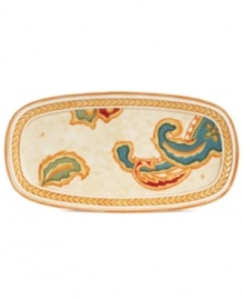 A fresh twist on a familiar pattern, the Carissa Paisley appetizer tray by Fitz and Floyd pairs oversized paisleys with rope detailing in casual earthenware. A fresh twist on a familiar pattern, the Carissa Paisley appetizer tray by Fitz and Floyd pairs oversized paisleys with rope detailing in casual earthenware.