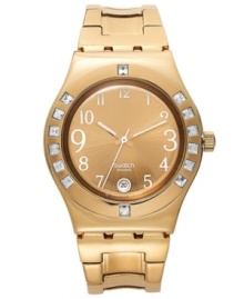 The golden shine on this Fancy Me collection Swatch watch complements the added Swarovski sparkle. The golden shine on this Fancy Me collection Swatch watch complements the added Swarovski sparkle.
