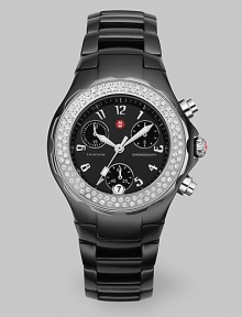 From the Tahitian Ceramic Collection. Sleek and streamlined, in enduring black ceramic with a dazzling diamond bezel and chronograph performance. Swiss quartz chronograph movement Water-resistant to 5ATM Diamond bezel; 0.47 tcw Round ceramic case; 35mm diameter (1.38) Black enamel dial with three chronograph sub dials Date display at 6:00 Second hand Arabic numerals Ceramic link bracelet; 18mm wide (.71) Deployment clasp Imported