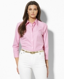 Classic gingham lends a preppy touch to this plus size shirt from Lauren by Ralph Lauren. The height of plus size fashion, the shirt is tailored in crisp wrinkle-free cotton broadcloth with three-quarter sleeves for classic elegance that makes a great addition to your collection of plus size clothes.