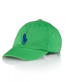 A preppy baseball cap in signature cotton twill features athletic-inspired embroidery for iconic heritage. A preppy baseball cap in signature cotton twill features athletic-inspired embroidery for iconic heritage.