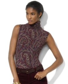 in a ultra-soft paisley matte jersey, this glamorous take on Lauren Ralph Lauren's classic sleeveless turtleneck is perfect for day-to-night dressing. in a ultra-soft paisley matte jersey, this glamorous take on Lauren Ralph Lauren's classic sleeveless turtleneck is perfect for day-to-night dressing.