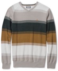 Reverse trends of boring sweater style with this inside-out striped v-neck from Volcom. Reverse trends of boring sweater style with this inside-out striped v-neck from Volcom.
