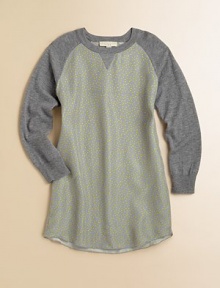 This dreamy day dress puts a super-cute spin on baseball style with printed silk at the front and back.CrewneckLong sleeves with ribbed cuffsPull-on styleKnee-lengthCurved hemSilk bodySleeves: 95% merino wool/5% cashmereMachine washImported This dreamy day dress puts a super-cute spin on baseball style with printed silk at the front and back.CrewneckLong sleeves with ribbed cuffsPull-on styleKnee-lengthCurved hemSilk bodySleeves: 95% merino wool/5% cashmereMachine washImported