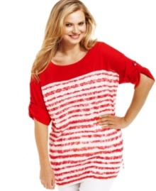 Be casually chic on the weekends in J Jones New York's three-quarter sleeve plus size top, featuring whimsical stripes.