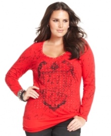 Glam up your casual style with Seven7 Jeans' long sleeve plus size top, featuring a studded front.