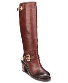 A worn-in toe, buckled straps around the ankle and top of shaft, and shiny metal hardware around the buckles: Vince Camuto's Kepner tall motorcycle boots have all the best details of the season. A worn-in toe, buckled straps around the ankle and top of shaft, and shiny metal hardware around the buckles: Vince Camuto's Kepner tall motorcycle boots have all the best details of the season.