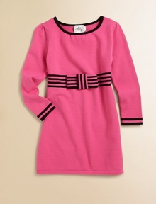 An easy, wear-everywhere style with beautiful bold stripes and a chic bow detail.RoundneckLong sleevesPull-on styleFront bow detailStriped details at cuffs and waist72% viscose/28% polyesterHand washImported An easy, wear-everywhere style with beautiful bold stripes and a chic bow detail.RoundneckLong sleevesPull-on styleFront bow detailStriped details at cuffs and waist72% viscose/28% polyesterHand washImported