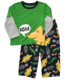Send him off to have a roaring good time in his dreams in this fun dinosaur shirt and pant sleepwear set from Carter's. Send him off to have a roaring good time in his dreams in this fun dinosaur shirt and pant sleepwear set from Carter's.