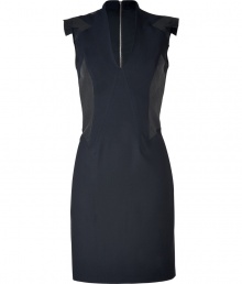 Work Helmut Langs edgy modern aesthetic into your polished work-to-cocktails look with this intricately pieced leather detailed stretch sheath, finished with moto-chic quilting for a cool utilitarian twist - V-neckline, sleeveless, stitched leather shoulder detail, exposed metal back zip, tailored fit - Team with fashion-forward ankle boots and dusted metallic accessories Work Helmut Langs edgy modern aesthetic into your polished work-to-cocktails look with this intricately pieced leather detailed stretch sheath, finished with moto-chic quilting for a cool utilitarian twist - V-neckline, sleeveless, stitched leather shoulder detail, exposed metal back zip, tailored fit - Team with fashion-forward ankle boots and dusted metallic accessories