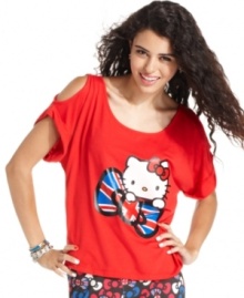 Go Brit! Shoulder cutouts and a print of the British flag add transatlantic swagger to this cute top from Hello Kitty! Go Brit! Shoulder cutouts and a print of the British flag add transatlantic swagger to this cute top from Hello Kitty!