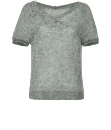 Luxurious knit top in fine, grey mohair blend - Ultra-soft and feminine with a lightweight, flattering look - Delicate silhouette is slim with elegant embroidered v-neck, decorative seam edges and short sleeves - Pair with pencil skirt, textured stockings and heels for the office