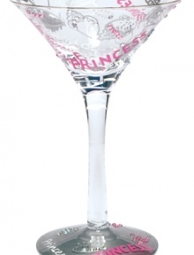 Pink and white graffiti spells modern-day royalty on this fabulous hand-painted martini glass. Pamper yourself in your own pad with the Princess-tini cocktail, the unique recipe found on the bottom of the glass. Pink and white graffiti spells modern-day royalty on this fabulous hand-painted martini glass. Pamper yourself in your own pad with the Princess-tini cocktail, the unique recipe found on the bottom of the glass.