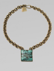 An antique-inspired piece with modern appeal featuring a square pendant of turquoise on a link chain. TurquoiseBrassLength, about 20Pendant size, about ¾Hook clasp closureMade in USA An antique-inspired piece with modern appeal featuring a square pendant of turquoise on a link chain. TurquoiseBrassLength, about 20Pendant size, about ¾Hook clasp closureMade in USA