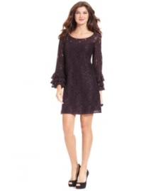 Work the crowd in a petite dress that mingles rich purple lace, ruffles and sequins. From Jessica Howard.