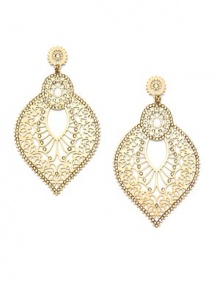 THE LOOKInverted teardrop silhouetteWhite crystal stone accentsFiligree designGoldplated brass settingPost backTHE MEASUREMENTWidth, about 2Length, about 3ORIGINImported THE LOOKInverted teardrop silhouetteWhite crystal stone accentsFiligree designGoldplated brass settingPost backTHE MEASUREMENTWidth, about 2Length, about 3ORIGINImported