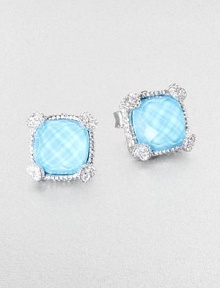 From the Linen Collection. A faceted turquoise doublet is gracefully accented by white sapphires at the heart-shaped corners in this pretty stud set in sterling silver.TurquoiseWhite sapphireSterling silverAbout .33 squarePost backImported