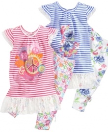 Spice up her everyday look with stripes and patterns on one of these shirt and legging sets from Nannette. Spice up her everyday look with stripes and patterns on one of these shirt and legging sets from Nannette.