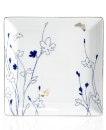 Platinum butterflies flit about indigo-blue blooms, adding whimsical glow to the Silhouette Indigo square accent plate. A banded edge adds a classic touch to a dinnerware pattern with modern spirit. Platinum butterflies flit about indigo-blue blooms, adding whimsical glow to the Silhouette Indigo square accent plate. A banded edge adds a classic touch to a dinnerware pattern with modern spirit.