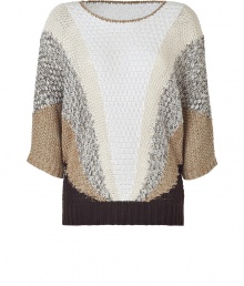 This oversized sweater in natural tones is perfect for any sexy-laid back look - Cotton-linen mix in chunky knit pattern - Features flat, round neckline and 7/8-length, wide sleeves - Loose silhouette with narrower hem at waist - Style with slim jeans and boots or shorts and mini skirts in the summer