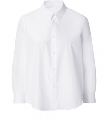 With a pristine look and contemporary cut, Jil Sanders white cotton shirt is an effortless chic choice - Classic collar, 3/4 sleeves, buttoned cuffs, button-down front, shirttail hemline - Loose fit - Wear over slim-fit separates with sleek leather flats