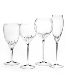 Inspired by the chic London neighborhood, Wedgwood Knightsbridge stemware features a delicately round shape with deep cuts around the bowl. The stem resembles a flower when viewed from above. Iced beverage shown far left. Inspired by the chic London neighborhood, Wedgwood Knightsbridge stemware features a delicately round shape with deep cuts around the bowl. The stem resembles a flower when viewed from above. Iced beverage shown far left.
