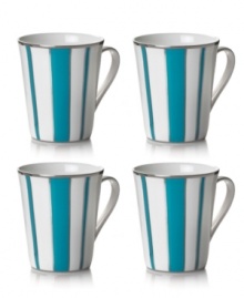 Thick and thin turquoise stripes and pretty platinum trim give these Mikasa Color Studio mugs a look of easy sophistication. Thick and thin turquoise stripes and pretty platinum trim give these Mikasa Color Studio mugs a look of easy sophistication.