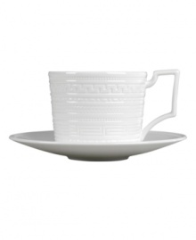 Steeped in history, the Intaglio tea saucer from Wedgwood features modern bone china embossed with geometric motifs from the Georgian era. Steeped in history, the Intaglio tea saucer from Wedgwood features modern bone china embossed with geometric motifs from the Georgian era.