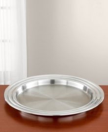 A regal display for hors d'oevres or cocktails, this handsome, 18/10 polished stainless steel tray features your favorite delights in a most elegant fashion. The alabaster-smooth surface makes for an effortless clean-up. Qualifies for Rebate A regal display for hors d'oevres or cocktails, this handsome, 18/10 polished stainless steel tray features your favorite delights in a most elegant fashion. The alabaster-smooth surface makes for an effortless clean-up. Qualifies for Rebate