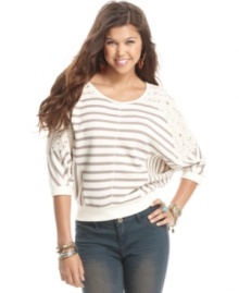 Crochet accents elevate this Miss Chevious pullover from totally comfy to totally chic! Pile on the accessories for a cool finish to a daytime look! Crochet accents elevate this Miss Chevious pullover from totally comfy to totally chic! Pile on the accessories for a cool finish to a daytime look!