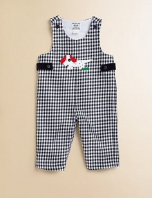 A charming one-piece in an overall design with a check pattern and puppy appliqué.ScoopneckShoulder straps with button closureSide buttonsBottom snaps65% cotton/35% rayonDry cleanImported Please note: Number of buttons and snaps may vary depending on size ordered. A charming one-piece in an overall design with a check pattern and puppy appliqué.ScoopneckShoulder straps with button closureSide buttonsBottom snaps65% cotton/35% rayonDry cleanImported Please note: Number of buttons and snaps may vary depending on size ordered.