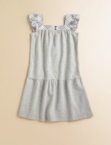 A simple piqué frock is given a stylish update with flutter sleeves and classic check trim.SquareneckFlutter sleevesFront buttonsDrop-waistRounded hem95% cotton/5% elastaneMachine washImported Please note: number of buttons may vary depending on size ordered. A simple piqué frock is given a stylish update with flutter sleeves and classic check trim.SquareneckFlutter sleevesFront buttonsDrop-waistRounded hem95% cotton/5% elastaneMachine washImported Please note: number of buttons may vary depending on size ordered.